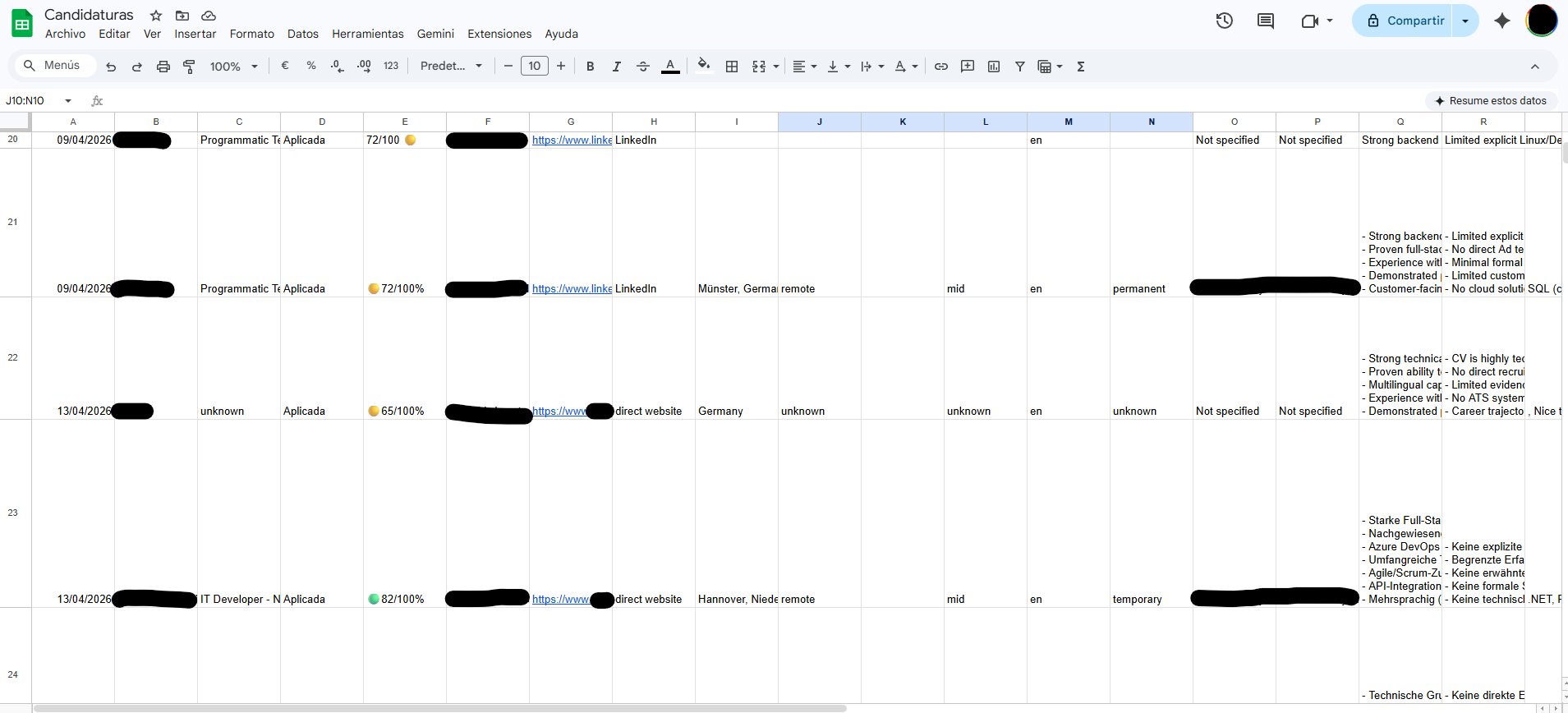 Google Sheets application tracker showing job log with company, role, date and document columns