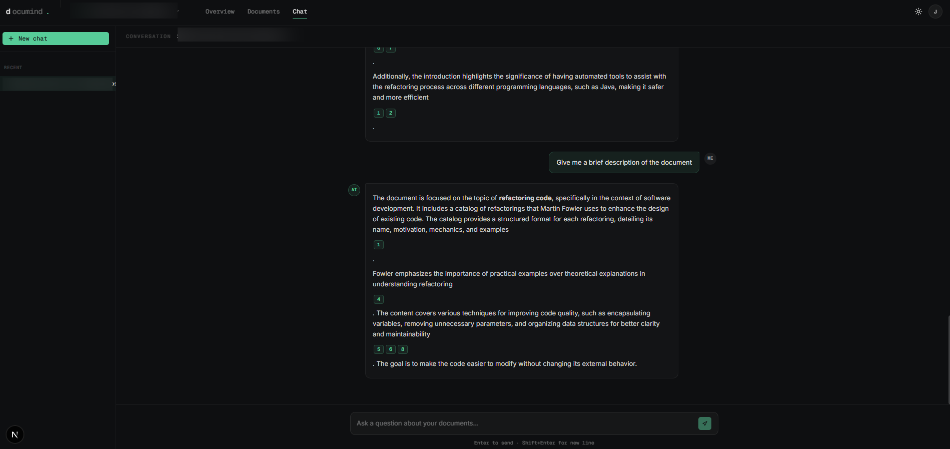 Chat interface showing streamed answer with inline numbered citations grounded in source documents