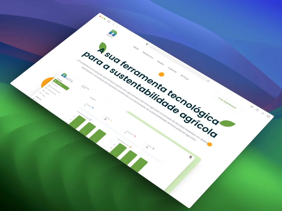 NOTS marketing site — agricultural sustainability platform hero with dashboard preview